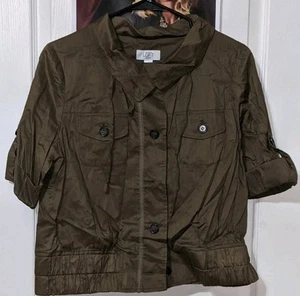 LOFT Button Shirt Utility Jacket Bomber Khaki Green Roll Tab Sleeves Petite Lg - Picture 1 of 4