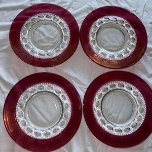 4 Indiana Glass Ruby Red Flash Kings Crown Thumbprint Lunch Salad Plate 8"-3/8" - Picture 1 of 3