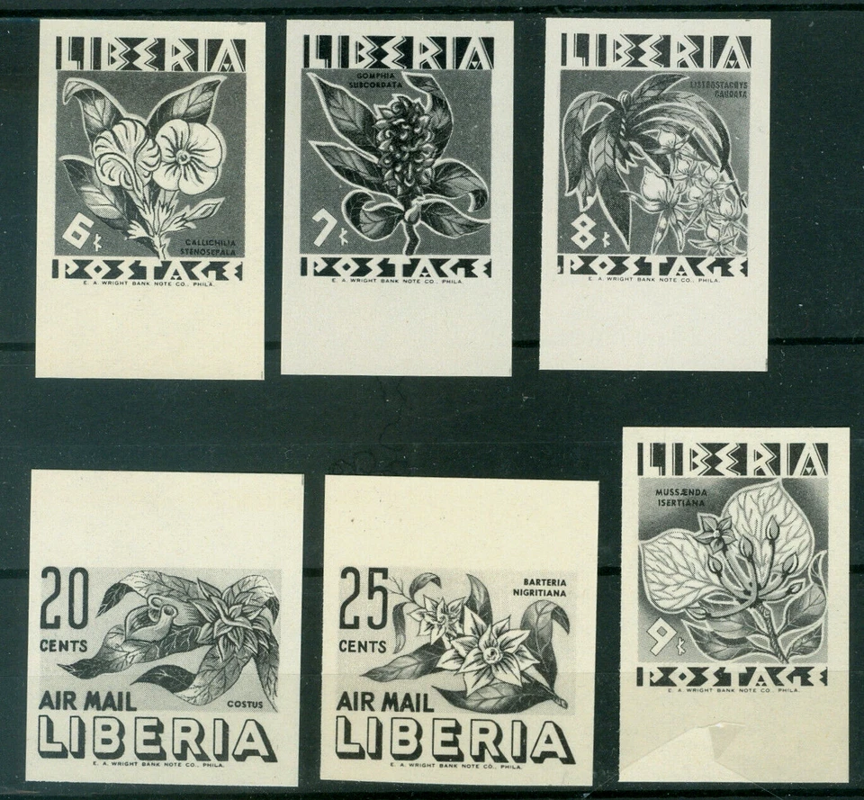 Liberia 1955, Juego de flores pruebas imperforadas completamente en negro, NH #350-3, C91-2 Foto 1 de 1