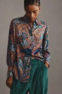 NWT BANJANAN Cora Botanical Print Long Sleeve Button Down Shirt in Clay size M - Picture 1 of 13