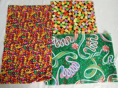 3 pieces fabric patterns Scraps jelly bean gum drop CANDY ribbon Red Green OOP - Image 1 of 4