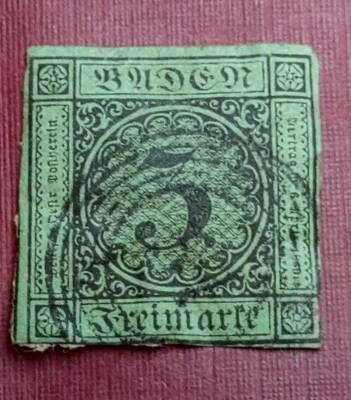  Rare.,Germany States ,Buden Stamp1850s 3d Used 💚 Green (0109-9) - Image 1 of 2