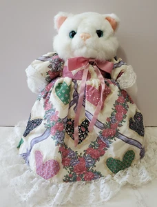 Vintage Kitty Cat Plush White Persian Grumpy Frilly Dress Pink Blue Hearts 12" - Picture 1 of 7