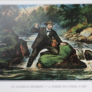 Currier & Ives Vtg Print Anxious Moment Three Pounder Fish Nature River Lith Art - Picture 1 of 8