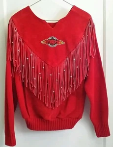 BIG DOG MOTORCYCLES Women's Red Leather w/ Tassels Sweater Pioneer Wear Sz M - Picture 1 of 7
