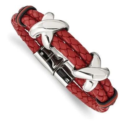 Stainless Steel Polished Red Leather and Black Rubber Bracelet 8" 26.38gm - Image 1 of 4