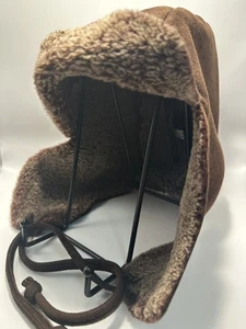 Barneys Made in UK Chestnut Brown Suede Sheepskin Shearling Fur Pilot Hat Size M - Bild 1 von 11