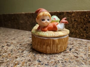 Homco Ceramic 3" Trinket Box Elf and Mushroom Hand Painted VTG - Picture 1 of 8