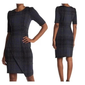 Betsey Johnson Size 10 Asymmetrical Plaid Dress Knit Sheath Short Sleeve - Picture 1 of 10