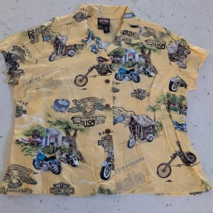 Harley Davidson Shirt Women's XL Yellow 100% Silk Geometric All Over Button Down - Picture 1 of 12