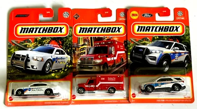 2024 MATCHBOX FORD EXPLORER & DODGE CHARGER COP CAR PLUS INTERNATIONAL AMBULANCE - Image 1 of 2