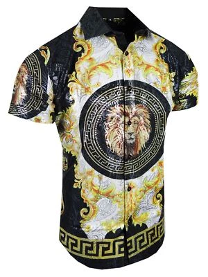 Designer Shirt Short Sleeve Lion Print Shiny Paisley Flip-Cuff Stretch Slim Fit - Image 1 of 4