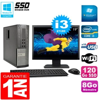 PC DELL 990 SFF Core I3-2120 RAM 8Go Disco 120Go SSD DVD Wifi W7 Pantalla 19" - Imagen 1 de 4