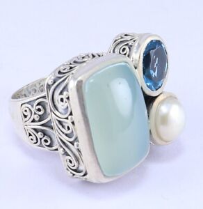 Aqua Chalcedony, Swiss Blue Topaz, Pearl Three Stone Ring Size 5, 925 Sterling 