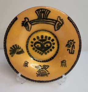 Vintage Enameled Copper Bowl South American Yellow w/ Black Pattern 6'' - Picture 1 of 5