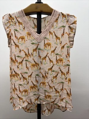 Cupio “Giraffe” Print HiLow Hem Cap Sleeve Lace Trim Top Women's SZ Medium, New. - Image 1 of 4