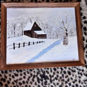 Rustikale Scheune signiert Original Ölgemälde Winter Schneeszene Hütte Landschaft - Bild 1 von 8