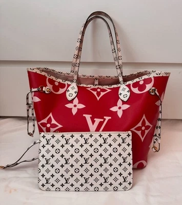 Auténtico Louis Vuitton Neverfull Monograma Gigante MM Forro Rojo/Rosa Con Bolsa Foto 1 de 4