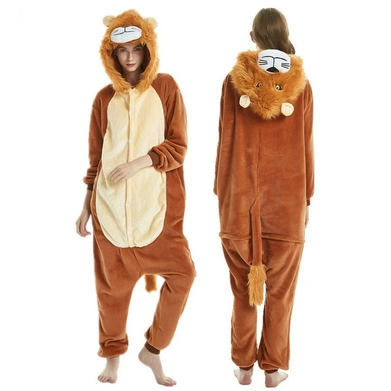 Adult Unisex  Flannel Sleepwear Lion Cosplay Costume Pajamas One Piece Animal - Image 1 of 4