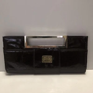 Chocolate Brown Patent Clutch With Silver Handles Magnetic Closing Inside Pocket - Picture 1 of 11