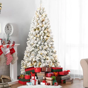 Pre-lit Flocked Artificial Christmas Tree 5FT 6FT 7FT - Picture 1 of 14