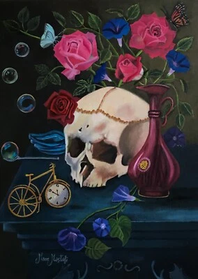 Pintura al óleo original sobre lienzo, calavera rosa, sin marco, 12 x 16", nueva, arte realista Foto 1 de 4