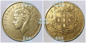 Jamaica 1 penny 1942/1947/1952 (randomly year 1 coin only) 27mm brass coin - Picture 1 of 1