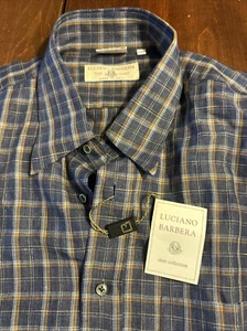 Luciano Barbera NWT Casual Button Down Shirt Size XL in Blue/Multi Plaid Linen - Picture 1 of 15
