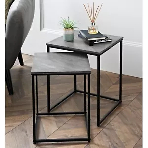 Set of 2 Nesting Tables Coffee Side End Table Stone Finish Top Black Metal Frame - Picture 1 of 6