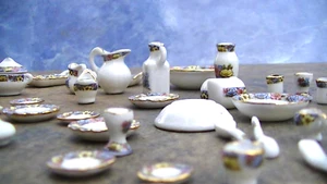 Lot of 1/2 size porcelain Doll Dishes with flowers & Gold Rims - Picture 1 of 20