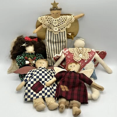 Set Of 5 Charming Vintage Primitive Folk Art Fabric Handmade Rag Doll Angels/cb - Image 1 of 4