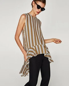 ZARA frilled ASYMMETRIC STRIPED TOP-ref 8189/775-sand-sz M-NWT - Picture 1 of 8