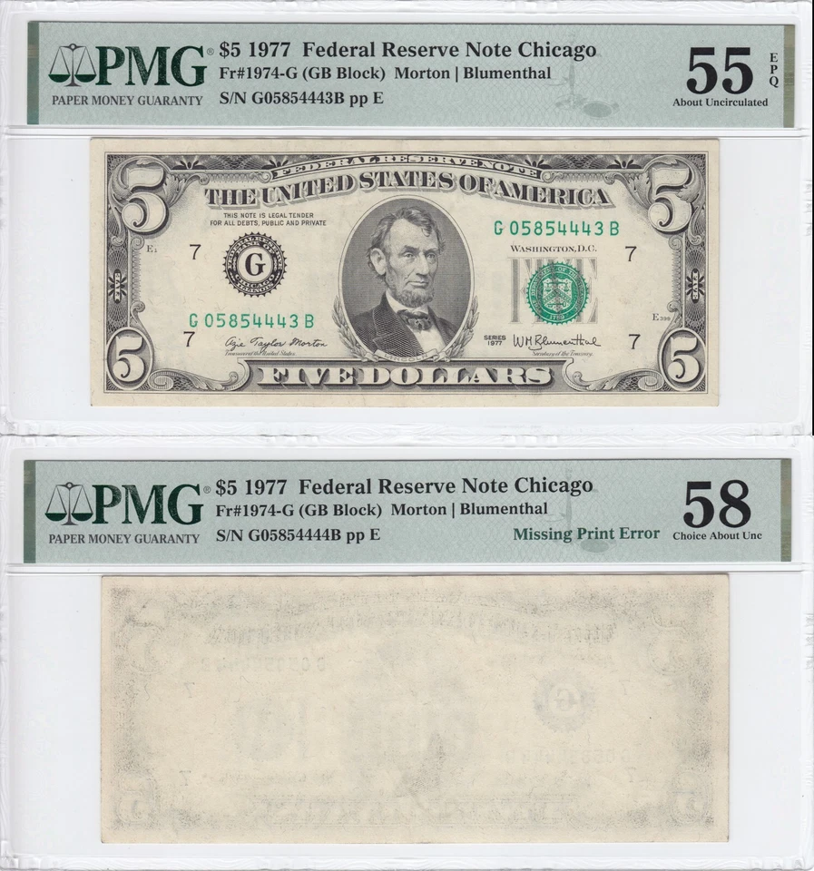 1977 $5 Federal Reserve Note Consecutive Pair 1 Missing First Print Error PMG - Image 1 of 4