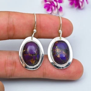 Purple Copper Turquoise Gemstone Handmade 925 Sterling Silver Earrings Jewelry - Picture 1 of 5