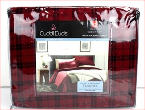 Cuddl Duds Heavy Weight Cotton FLANNEL Sheet Set -RED BLACK Plaid -QUEEN ❤️NEW❤️ - Picture 1 of 10