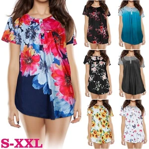 Womens Casual Tops Summer Short Sleeve T Shirts Cute Floral Printed Button Shirt - Picture 1 of 30