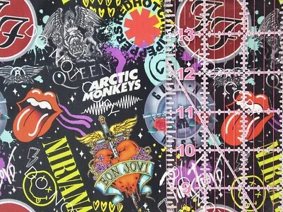 Custom 100% Cotton Woven Fabric Rock Bands Collage By The 1/4 Yard 9x56 - Image 1 of 2