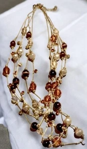 Layered Bead Necklace For Fall Cats Eye, Pearlescent, Amber, Borilia  19" - Picture 1 of 14