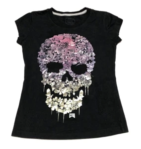 Nike Youth Small Black Flower Skull T Shirt Short Sleeve Logo Shiny Halloween - Picture 1 of 7