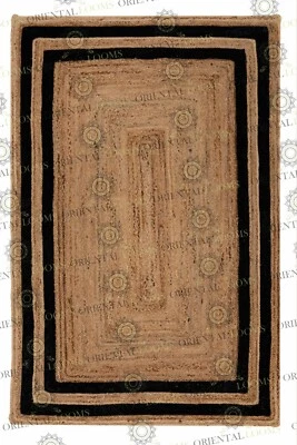 Jute Rug Double Border Black Hand Made Rug,Bohemian Decor, Customize in Any Size - Image 1 of 4