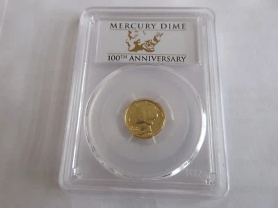 Cabeza de libertad alada 2016-W (moneda de diez centavos de mercurio), dorada, PCGS, 100 aniversario, SP70 Foto 1 de 4