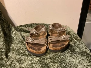 Birki's Light Silver Bronze Double Jewel Buckle Slides Sandals Shoes 37 7 7.5 - Picture 1 of 7