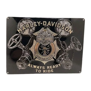 INSEGNA ADV HARLEY DAVIDSON FIREFIGHTER READY TO RIDE HEAVY DUTY MADE IN USA METALLO - Foto 1 di 15