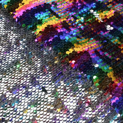 BRANDED VACVELT Flip Sequin Fabric by The Yard, Half Yard Rainbow + Silver