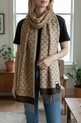 Bufanda de Lana Jacquard Gucci GG - Beige y Marrón con Rayas Web - Unisex (Reversible Foto 1 de 4