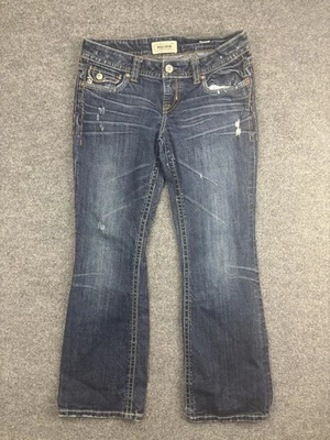 Pantalones de mezclilla MEK para mujer 29x30 azul corte bota desgastado solapa bolsillos costuras Foto 1 de 4