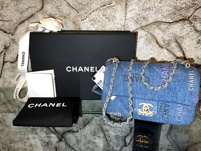2022 LTD CHANEL 22P SM Estampa Acolchoada Azul Jeans Imprime Aba Bolsa Corrente - Imagem 1 de 4