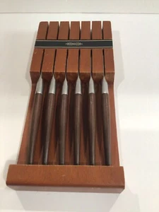 Vintage EKCO Eterna Canoe Stainless 6 Steak Knives & Wood Wall Rack Holder Set - Picture 1 of 9
