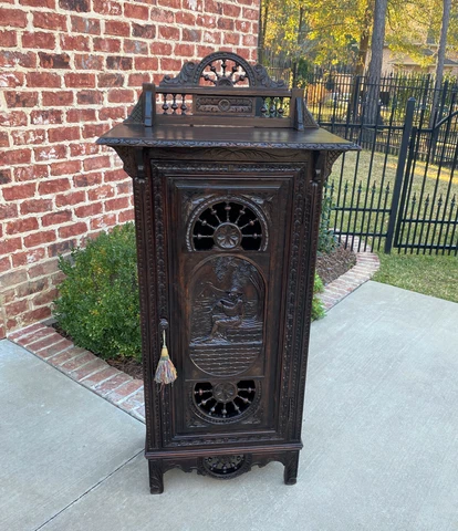 Antique French Breton Cabinet Bonnetiere Cupboard Carved Dark Oak Brittany 19thC Cover