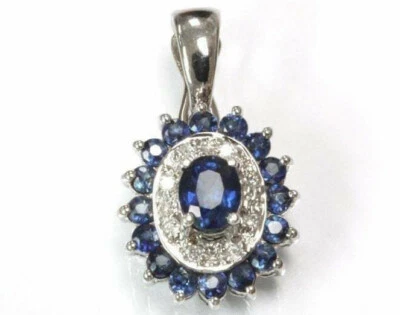 1.5 ctw Natural Blue Sapphire & Diamond Solid 14k White Gold Halo Pendant 0.79" - Image 1 of 3